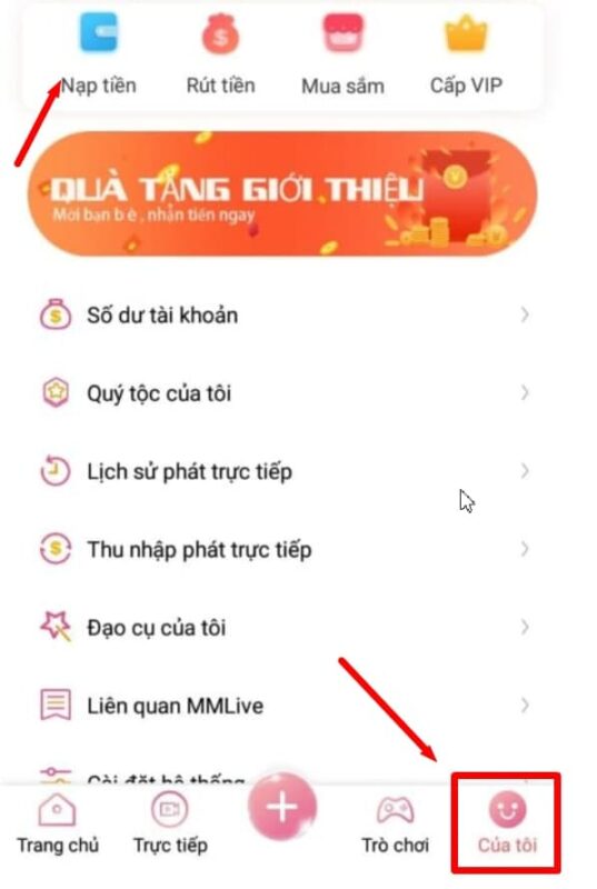 Truy cập vào ứng dụng và lựa chọn chức năng Nạp tiền tại “của tôi”24 Live livescore.